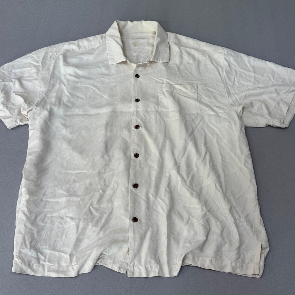 Tommy Bahama Camp Shirt Mens XXL Off-White 100%‎ Silk Jacquard Palm Leaf Relaxed